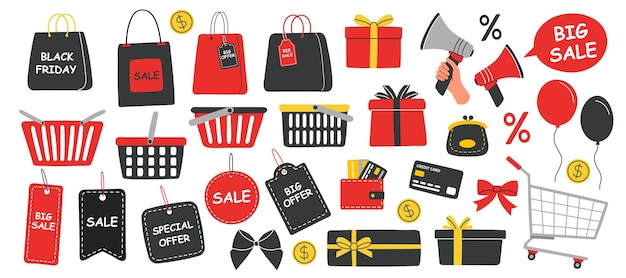 set of black friday sale shopping elements black friday shopping sale concept