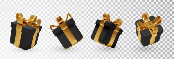 Vector set of black gift boxes with golden bows isolated 3d render holiday surprise box vector holiday decorations objects