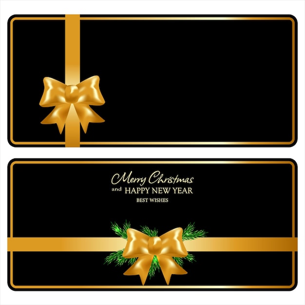 Set Black gift cards with gold bow and gold ribbon.Vector template for invitation, credit card.