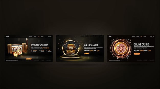 Vector set of black and gold casino web banners with gold slot machine neon casino roulette and poker chips on dark background