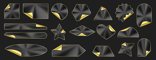 黒と金のステッカーセット ベクトルホログラフィック幾何学形状と金色のフレームの曲がったコーナー