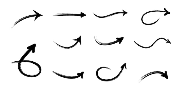 Set of black grunge arrows. Hand drawing curved arrows. Abstract pointer, direction, way.