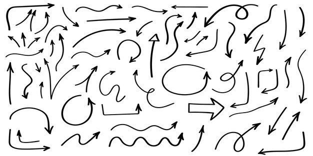 Set di frecce grunge nere disegnate a mano isolate su illustrazione vettoriale bianca