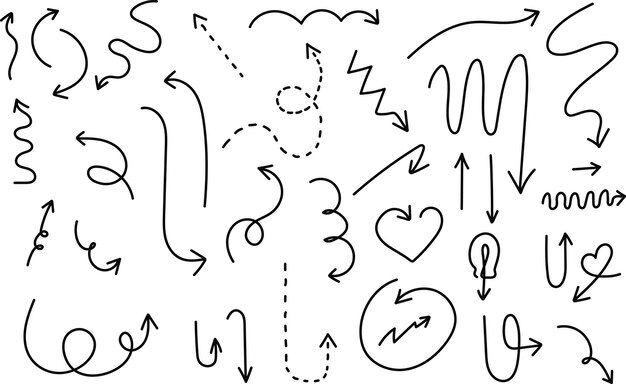 黒い手描きの矢印記号または記号のセット黒い手描きの矢印のいたずら書きと矢印要素