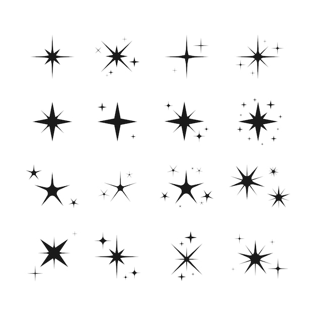 Set of black hand drawn doodle stars. Black symbols.