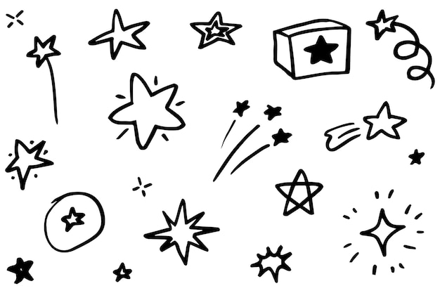 Vector set of black hand drawn doodle stars in isolated on white background