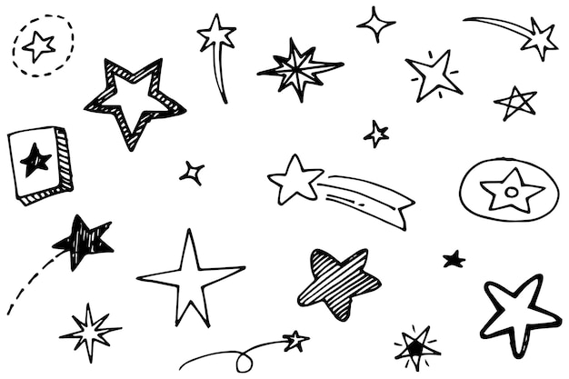 Vector set of black hand drawn doodle stars in isolated on white background