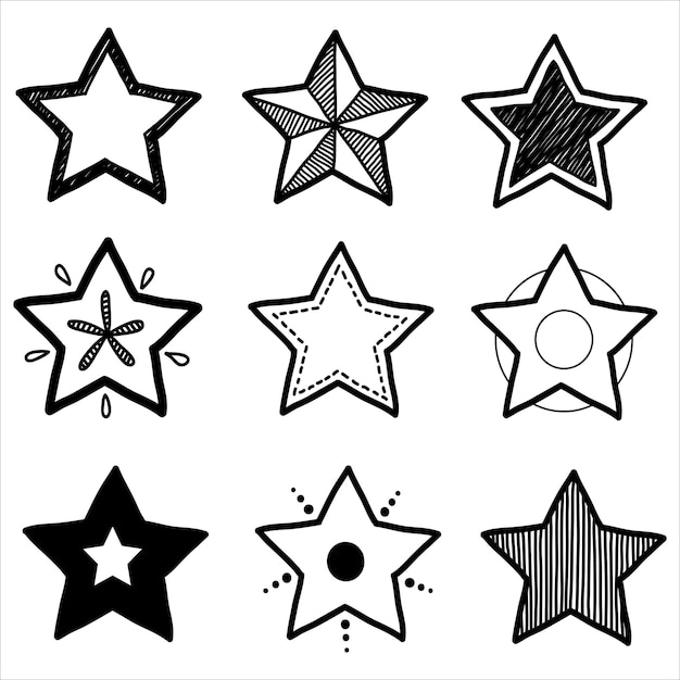 Set of black hand drawn doodle stars in isolated on white background