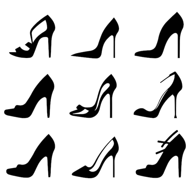 Vector set of black high heel shoes silhouettes isolated on white background