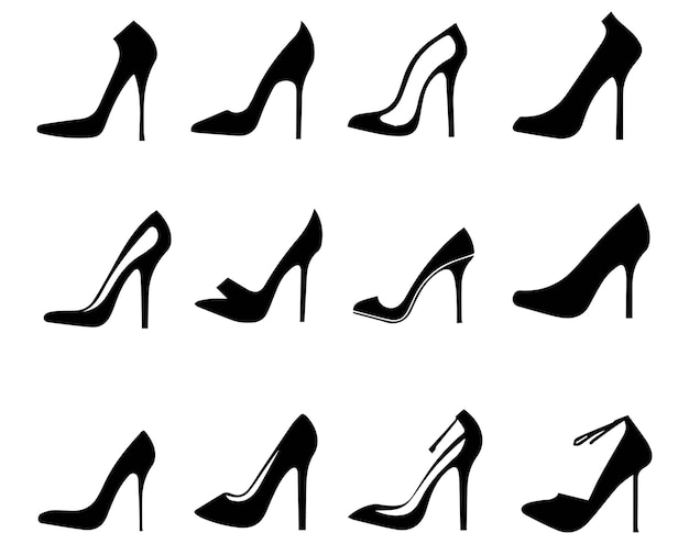 Vector set of black high heel shoes silhouettes isolated on white background