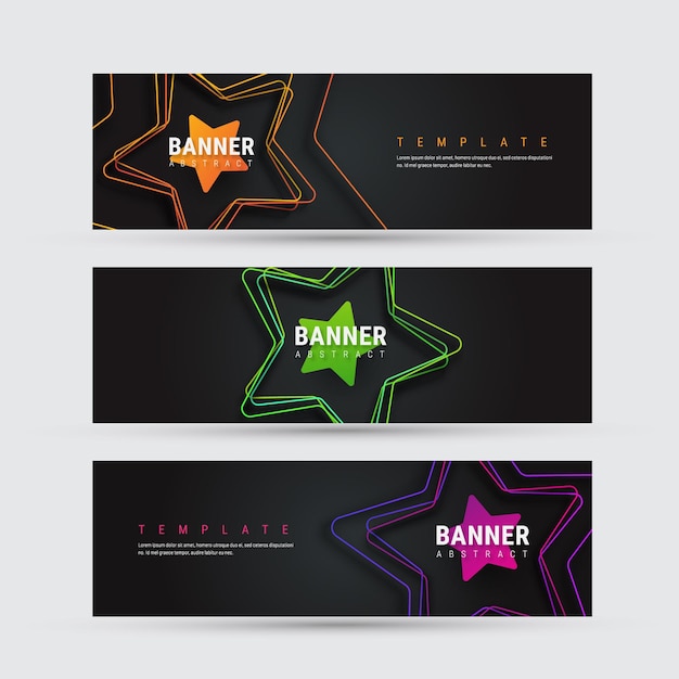 Vector set of a black horizontal banner with objects in the form of a star with a shadow.