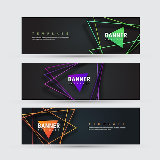 Vector set of a black horizontal banner with triangular multicolored intersecting lines with shadow