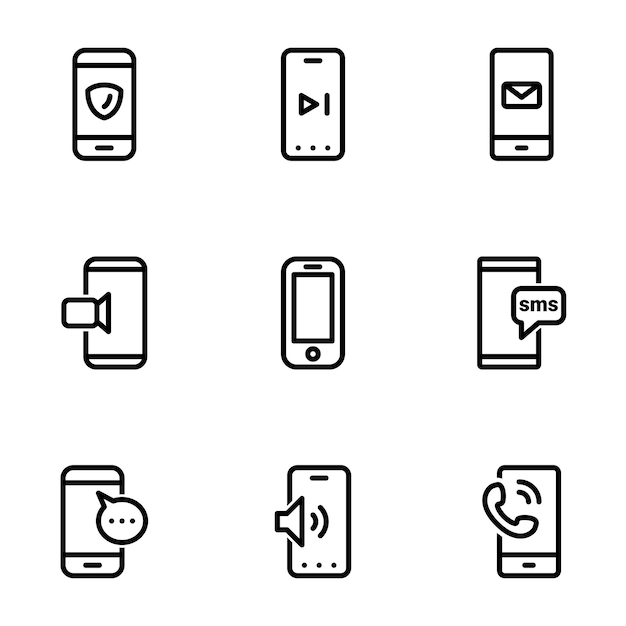 テーマ スマートフォンの白い背景に隔離された黒いアイコンのセット