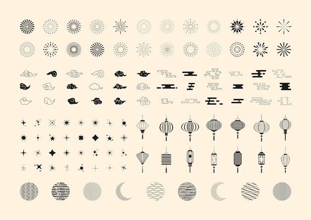 Vector set of black icons with full and crescent moon, lanterns, clouds, star sparkle, fireworks.chinese and japanese patterns.design elements for decor chinese new year, lantern festival.vector illustration