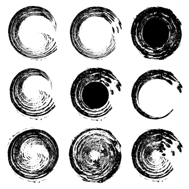 Un insieme di cerchi di inchiostro nero un fascio di tratti di pennello su uno sfondo bianco un insieme di icone nere e bianche
