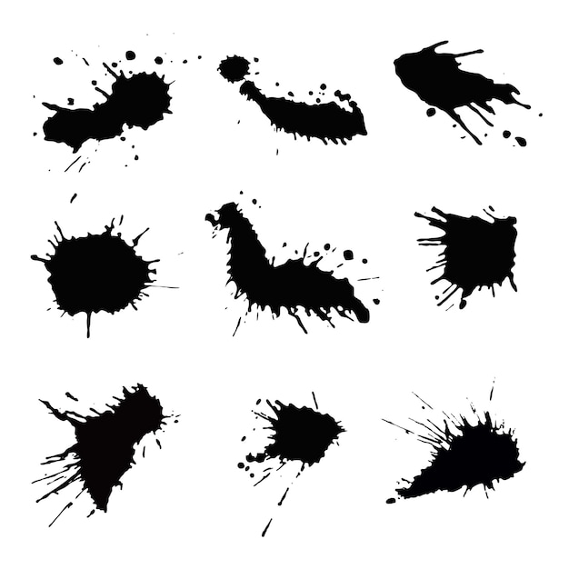 Set of black ink drops and splashes