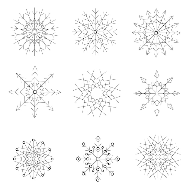 Vector set of black isolated snowflakes icon silhouette on white background. flat snow icons, silhouette. nice element for christmas banner, cards. new year ornament. vector