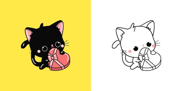 Set Black Kitten Coloring Page and Colored Illustration Clip Art Kawaii Cat