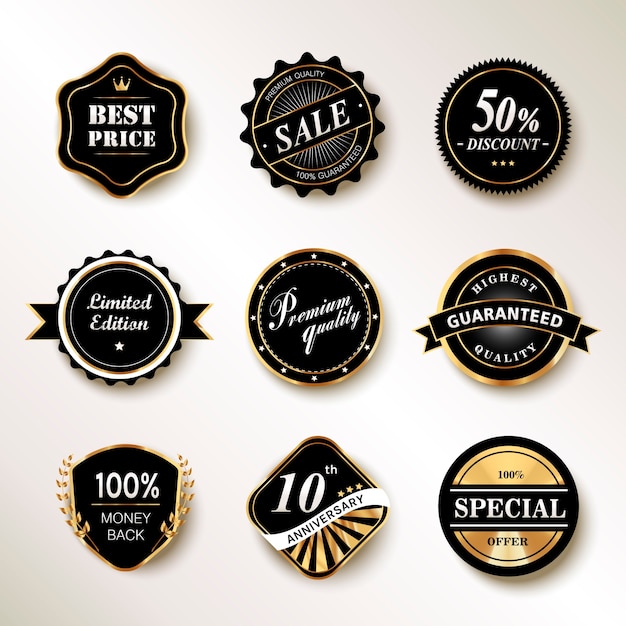 Vector set of black labels with golden frame