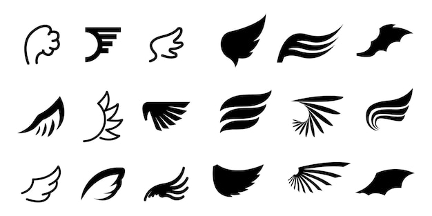 Set Black Line Flat Collection Wings Vector Icon Feather Design Style Decoration Cartoon