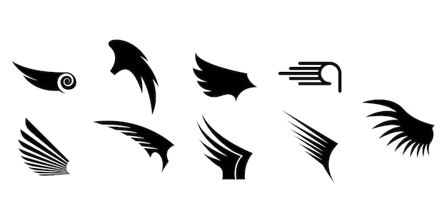 Set Black Line Flat Collection Wings Vector Icon Feather Design Style Decoration Sketch Cartoon