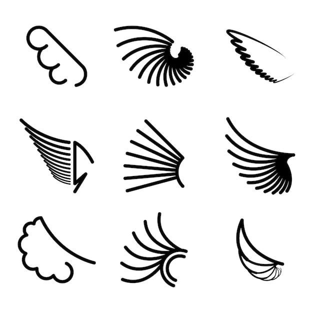 Set black line flat collection wings vector icon feather design style decoration sketch cartoon