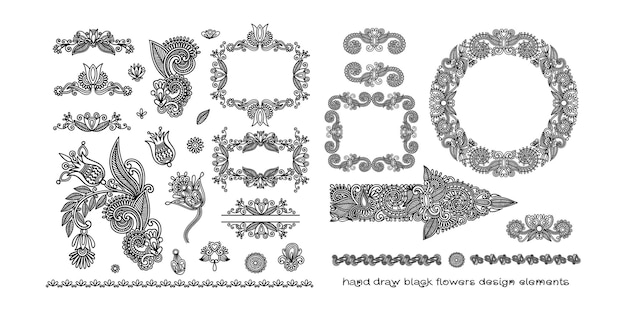 Vector set of black line floral design elements in henna style isolated on white background