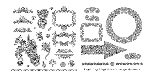 Набор элементов цветочного дизайна черной линии в стиле хны на белом фоне
