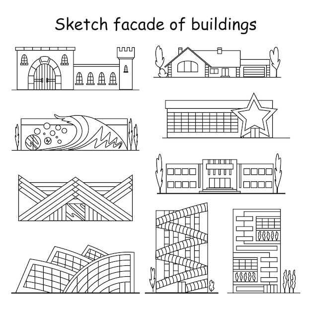 Set di icone di stile linea nera facciata negozio e negozio casa e ufficio schizzo contorno città di architettura commerciale edifici vecchi e moderni simboli di contorno città vettore isolato