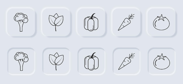 Set of black linear vegetable icons on buttons in neomorphism style