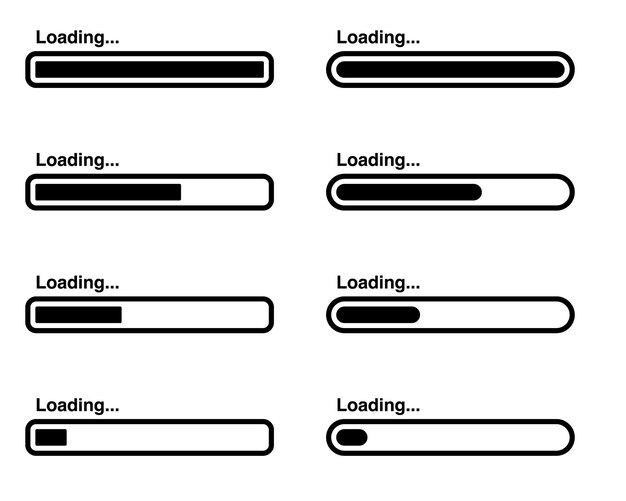 Set of black loading bar icons showing different progress levels and rounded shapes on white background modern minimal vector design for web or UI interface projects