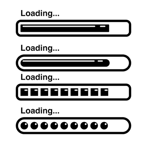 set of black loading bar icons with various progress styles and shapes on white background modern minimal vector collection for web ui and digital interface design