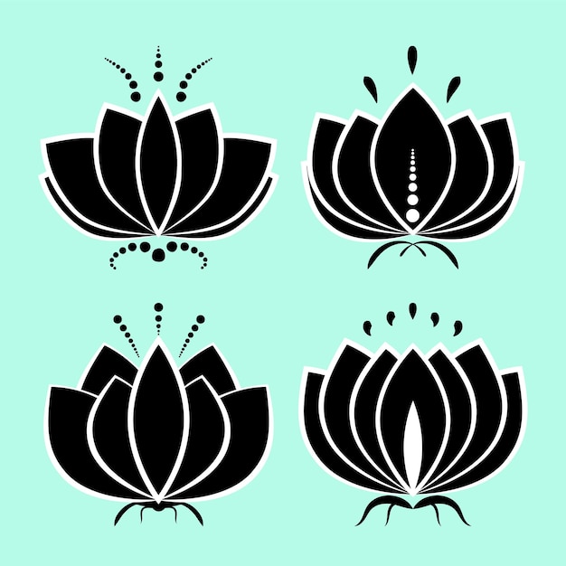 Vector set of black lotus silhouette with white contour and decors water lily icons isolated flower symbols collection for design vector illustration