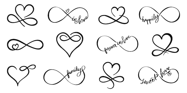 Vector set of black love infinity symbol infinite love with heart collection