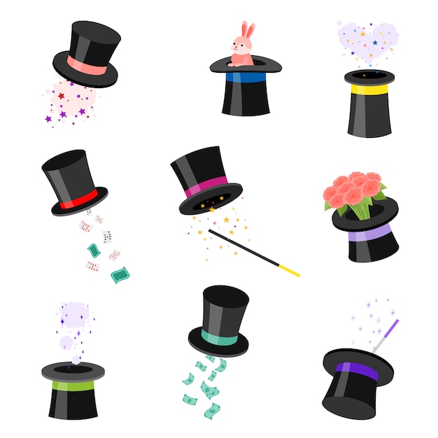 Vector set of black magic hats   illustration