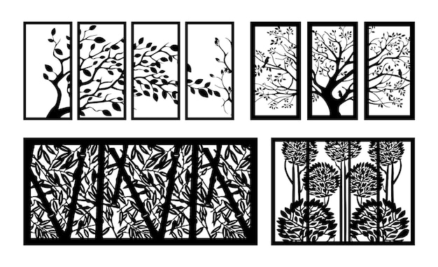 A set of black metal wall art with trees and leaves.