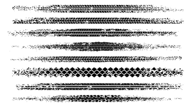 Vector set of black motorbike tire tread print with grunge effect isolated on white background