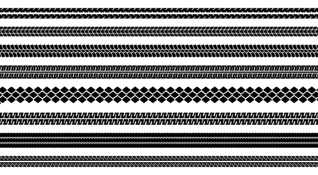 Set of black motorcycle tire tread print isolated on white background