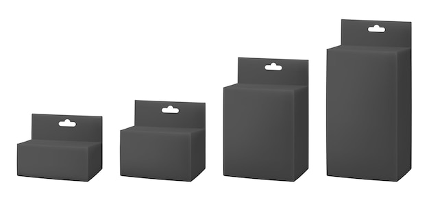 Set of black paper packaging boxes with hanging hole Blank product package mockup