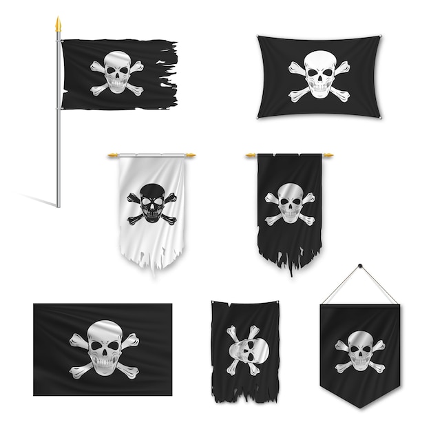 Vector set of black pirate flags torn in the wind, on a pole, pennant, ragged, stretch, isolated on white background.