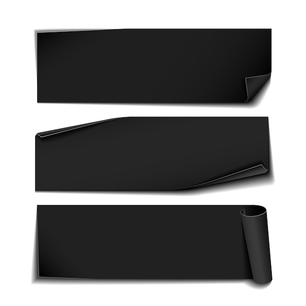 Set of black realistic curved paper banners. realistic roll stickers for black friday ads. vector ribbons for design of banners and flyers with discounts or special offers.