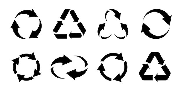 Set of black recycling symbols on white background. Reusable sign. Movement arrows.