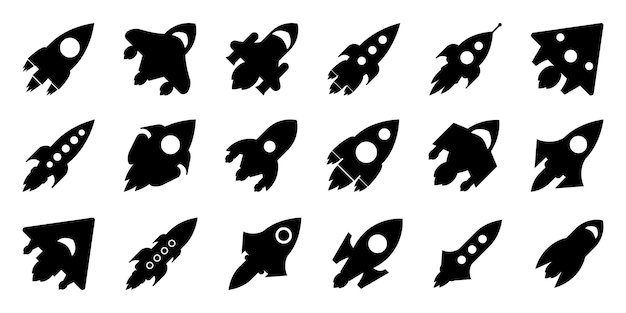 Set of black rocket icons Black rocket ship collection