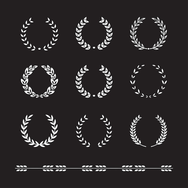 Set black silhouette circular laurel foliate wheat and oak wreaths depicting an award achievement