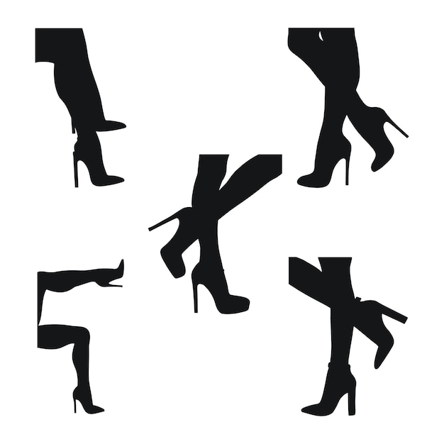 Vector set black silhouette of female legs in a pose shoes stilettos high heels walking standing running