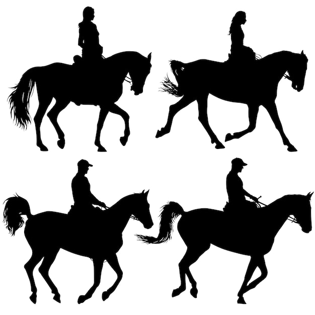 Vector set black silhouette of horse and jockey