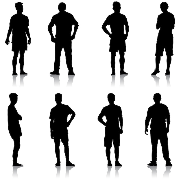 Set black silhouette man standing people on white background