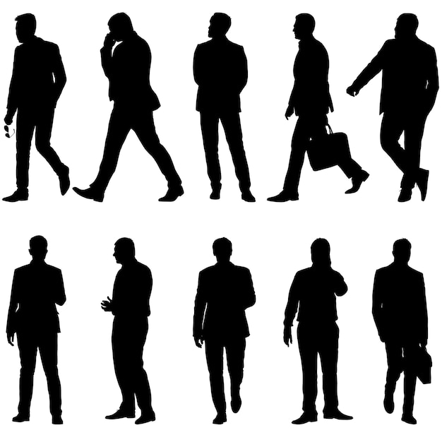 set black silhouette man standing people on white background