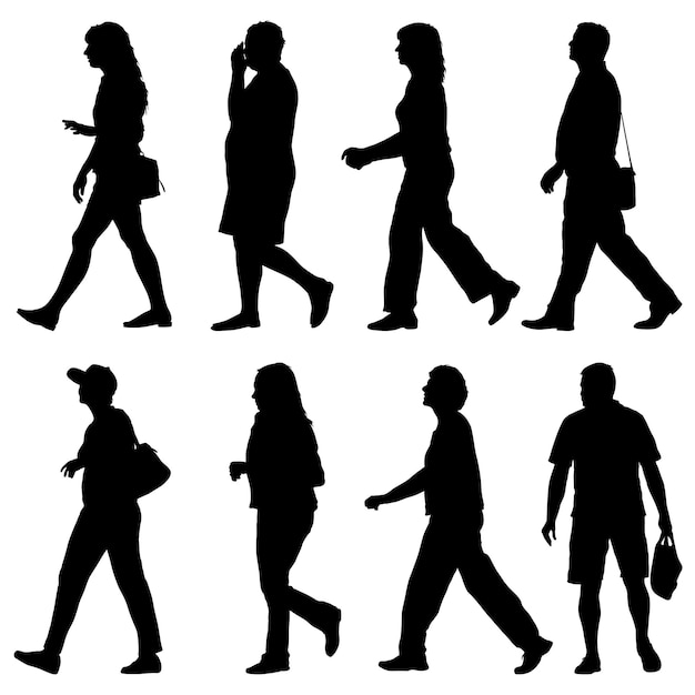 set black silhouette man and woman standing people on white background