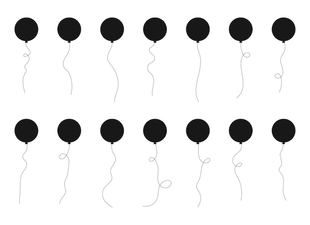 Set of black silhouette party balloons tied with strings Vector illustration in cartoon style